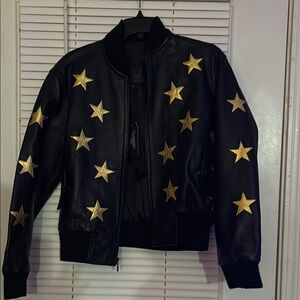 Black Leather Jacket with Gold Stars